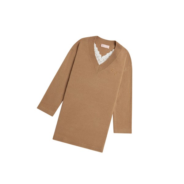 Beige Women's A BATHING APE Oversized Knit Sweater V-neck Knitwear Blouse | IUK185093
