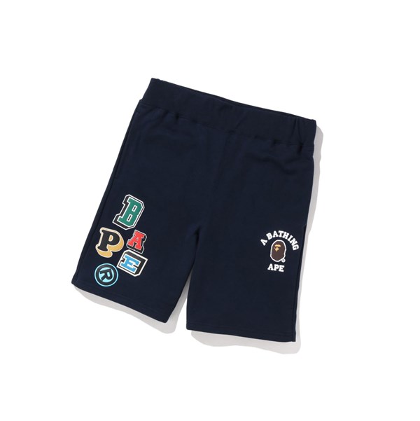Navy Blue Men's A BATHING APE Multi Fonts Sweat Shorts | UTR745068